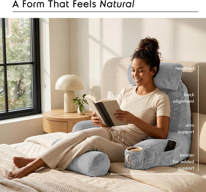 Nestl Reading Pillow with Shredded Memory Foam, Designed for Sitting Up in Bed and Couch, Back and Arms Adjustable Support for Adult & Teens Backrest Pillows for Reading, with Washable Cover Dark Grey