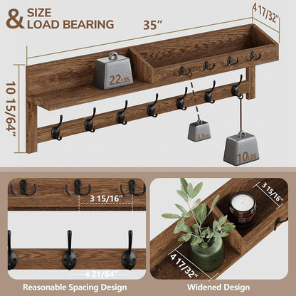 AMBIRD Wall Hooks with Shelf, 26.57 Inch Entryway Wood Coat Hooks for Wall with Shelf, Coat Rack Wall Mount with 5 Dual Hooks 3 Key Hooks Mail Organizer and Key Rack Holder (Brown)