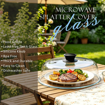 Glass Microwave Splatter Cover with Mat for Food, 10 Inch Guard Lid | Lightweight Borosilicate Glass, Food Grade, Silicone Knob, 2 Vents, 3.1in Tall to Cover Bowls and Plates, Dishwasher Safe