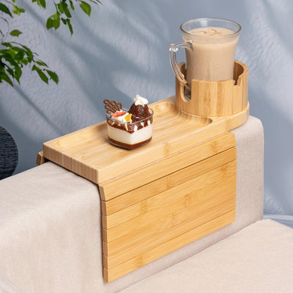 Couch Cup Holder for Armrests Over 4.9" Wide with 360° Phone Stand Walnut | Couch Arm Tray with 360° Rotating Phone Stand, 3 in 1 Foldable Sofa Arm Tray Table for Remote, Snacks, Phone, Drinks