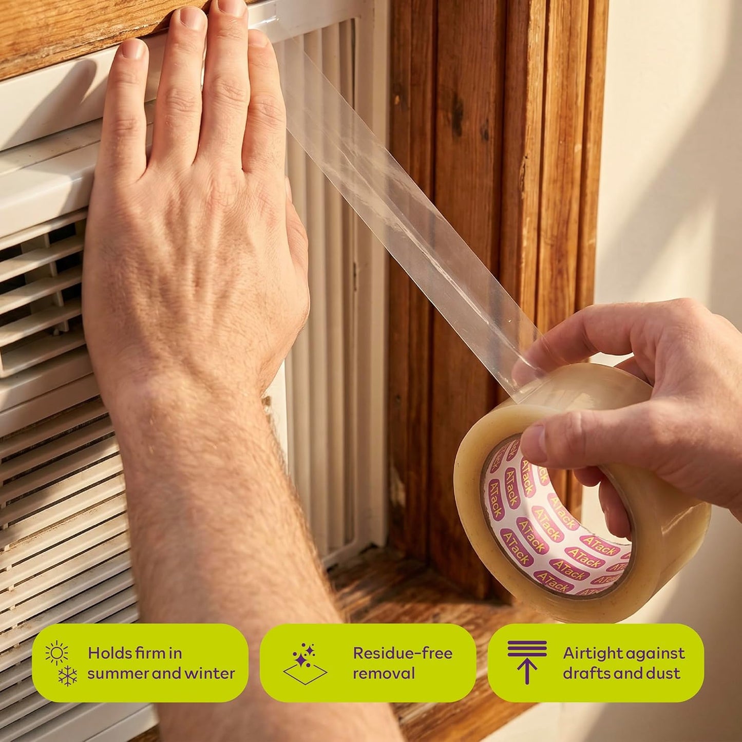 ATack Transparent Window Weather Sealing Tape, 2-Inch x 30 Yards, Clear Window Draft Isolation Sealing Film Tape- No Residue, Surface-Safe, Wood-Safe, Removes Cleanly
