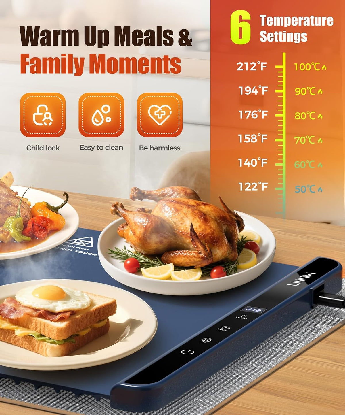 Warming Mat for Food, 26x15 Inch, Off White, Fast Heat, Child Lock