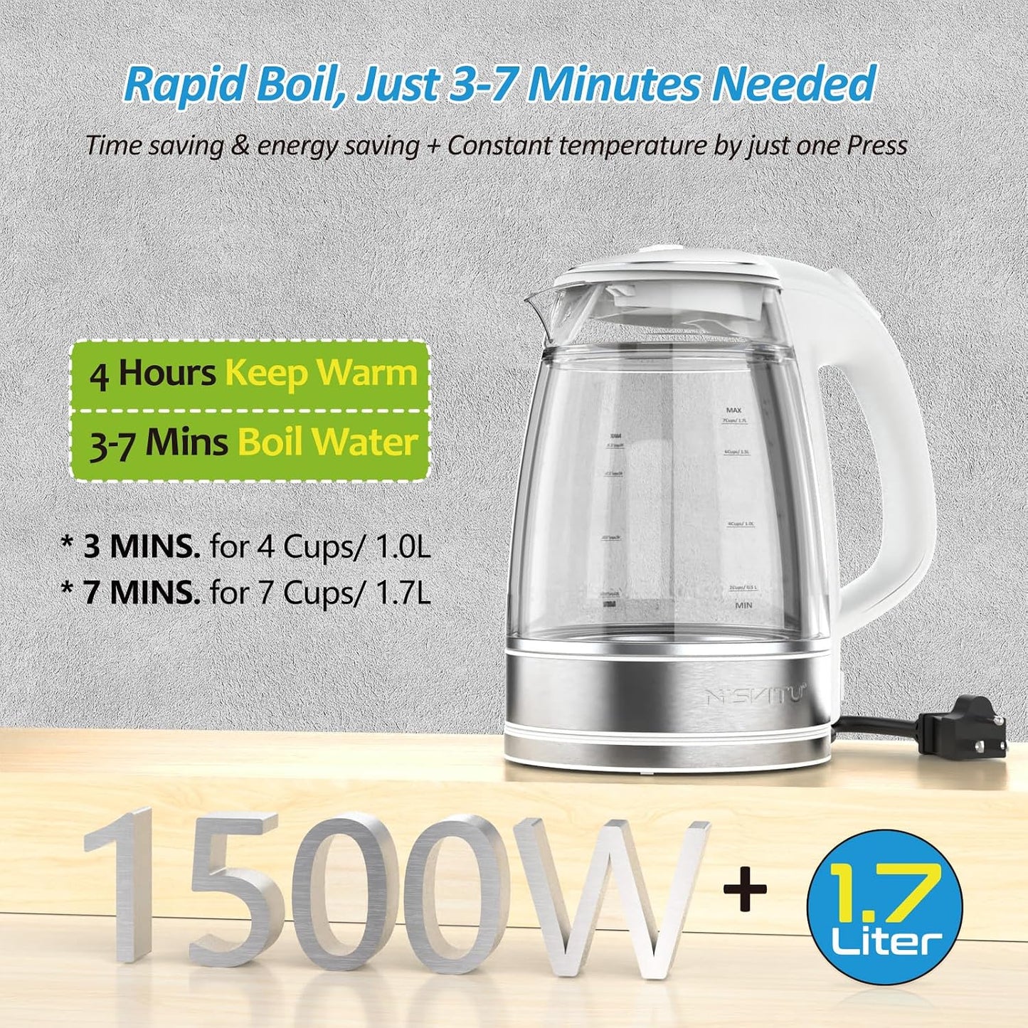 NISVITU 1.7L Dual Wall Cool Touch BPA-Free Electric Kettle, White | Glass Inner+PC Outer, 1500W Fast Boil Cordless Hot Water Boiler Electric Tea Kettle, Auto Shut-Off+Keep Warm