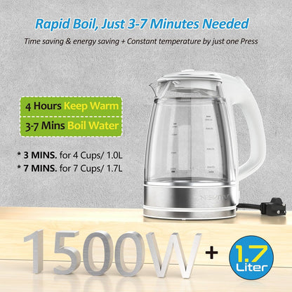 NISVITU 1.7L Dual Wall Cool Touch BPA-Free Electric Kettle, White | Glass Inner+PC Outer, 1500W Fast Boil Cordless Hot Water Boiler Electric Tea Kettle, Auto Shut-Off+Keep Warm