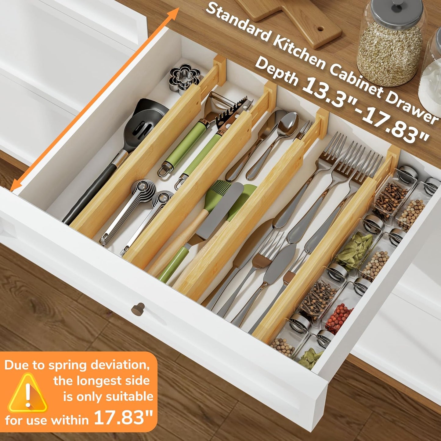BAMEOS Bamboo Expandable Drawer Dividers – Fits 16.6"–22" Drawers, 2" High, Set of 4 | Spring-Loaded Bamboo Separator for Kitchen Island, Bathroom Vanity & Dresser Drawers