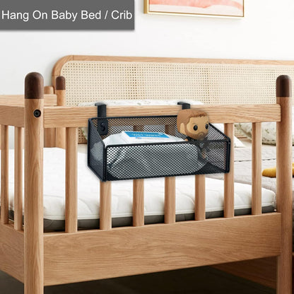 Bedside Caddy Hanging Storage Basket Beside Shelf Metal Organizer for Collage Dorm Bunk Bed,Hospital Bed,Baby Bed - Bedroom Essentials for Magazine,Remote Control,Phone,Drinks (White)