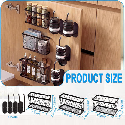 8 Pack Cabinet Door Organizer,No Drill Adhesive Metal Pot Lid Holder with 4 Storage Baskets &4 Tumbler Lid Holders,Rustproof Inside Cabinet Food Container Lid Storage Rack for Kitchen Pantry Bathroom