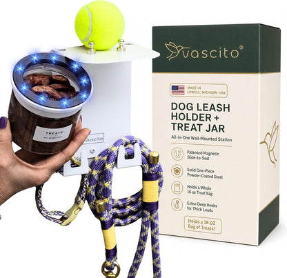 Dog Leash Holder for Wall with Shelf — Wall Mounted Dog Treat Holder & Station, 2 Airtight 32oz Treat Containers, 9 Hooks, Patented Lidless Slide-to-Seal Jars, Solid Steel, Made in USA