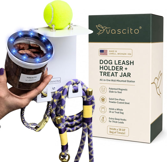 Dog Leash Holder for Wall with Shelf — Wall Mounted Dog Treat Holder & Station, 2 Airtight 32oz Treat Containers, 9 Hooks, Patented Lidless Slide-to-Seal Jars, Solid Steel, Made in USA