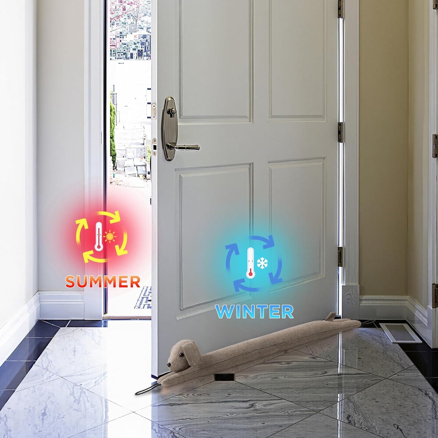 habibee Door Draft Stopper, Weighted Noise Blocker 38 in Coffee Dog | Robust Herringbone Fabric, Weighted Sandbags, Bouncy Cotton Filling, Blocks Light & Dust, Tool-free Setup, Animal Home Decor