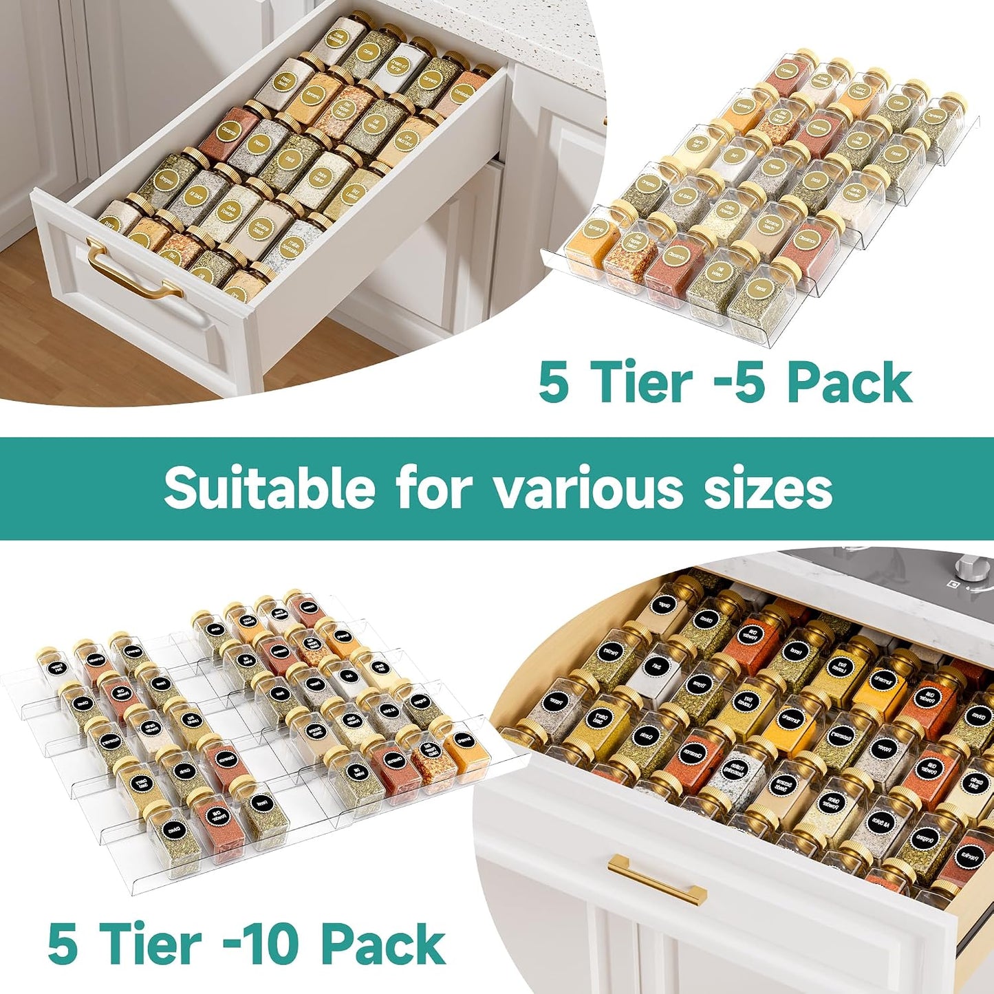 MIUKAA Clear Acrylic Spice Drawer Organizer, 4 Tier Seasoning Jars Drawers Insert, Kitchen Spice Rack Tray for Drawer/Countertop (Jars not included)