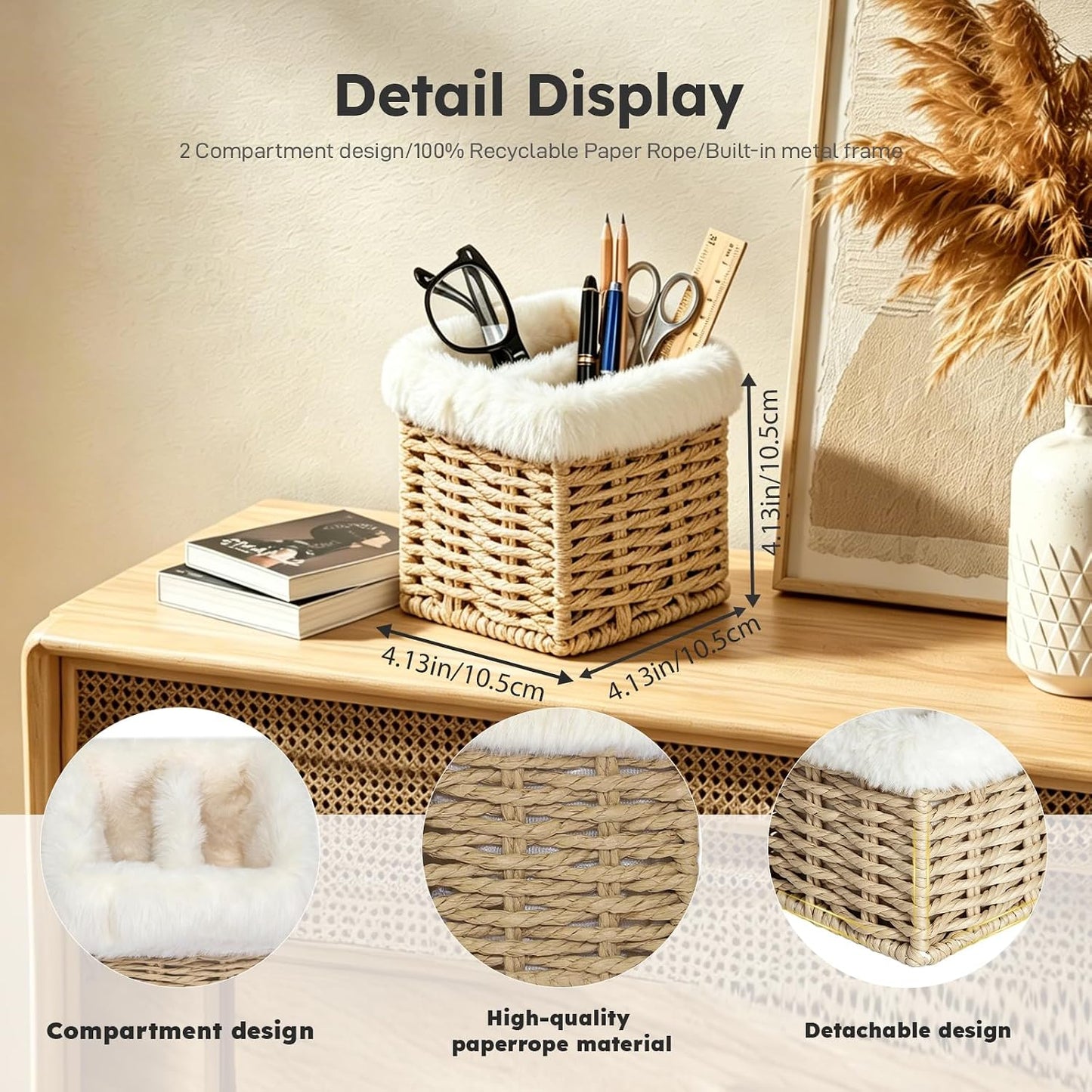 Glasses Holder, Paper Rope Plush Lined Eyeglass Holder Stand 2 slots Eyeglasses Storage Organizer for Nightstand Desk