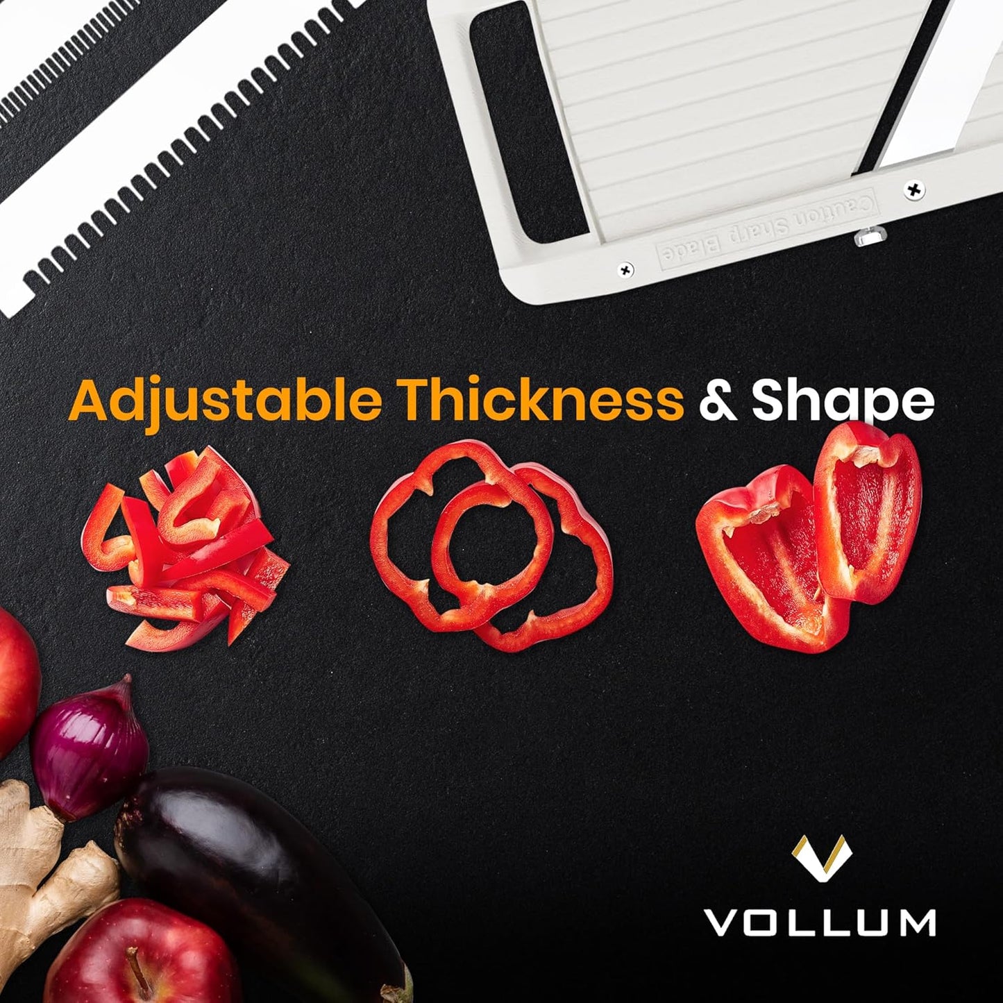 Vollum Mandoline Slicer Vegetable Cutter Stainless Steel Blades | Narrow handheld manual food slicer with interchangeable blades for precise, professional-style kitchen prep.