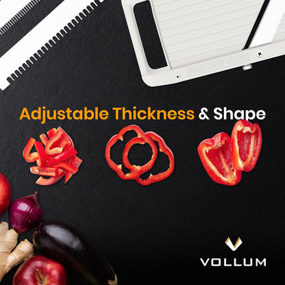 Vollum Mandoline Slicer Vegetable Cutter Stainless Steel Blades | Narrow handheld manual food slicer with interchangeable blades for precise, professional-style kitchen prep.