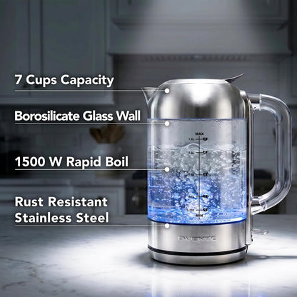 OVENTE 1.7L Double Wall Glass Electric Kettle Water Boiler, Silver KG912S | 1500W Fast Boiling, Easy Fill Lid, Borosilicate Glass, Cool-Touch Design, Blue LED, Auto Shut-Off, Boil-Dry Protection
