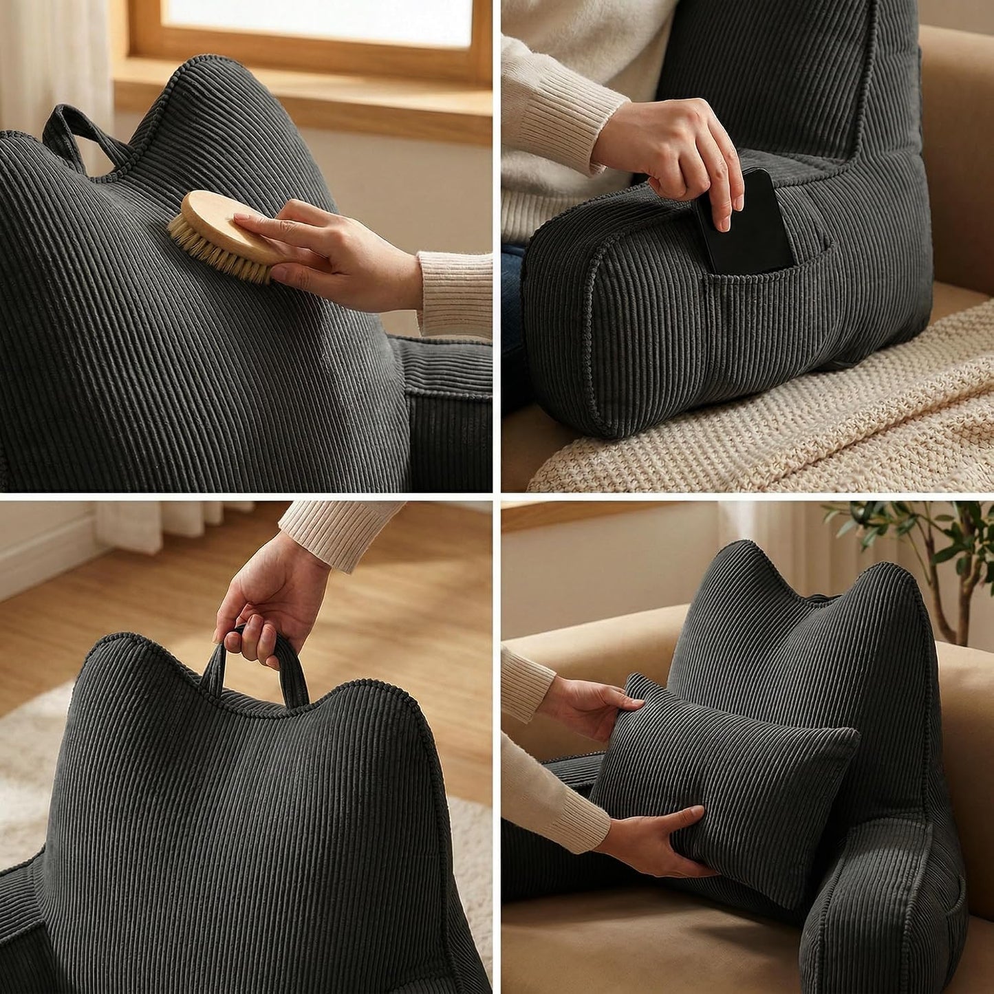 Patented Design Reading Pillow with Arms for Sitting Up, 2-in-1 Bed Rest Pillow with Detachable Lumbar Support, Backrest Support Cushion for Couch with Side Pockets & Handle, Beige Gray