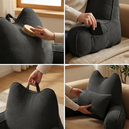 Patented Design Reading Pillow with Arms for Sitting Up, 2-in-1 Bed Rest Pillow with Detachable Lumbar Support, Backrest Support Cushion for Couch with Side Pockets & Handle, Beige Gray