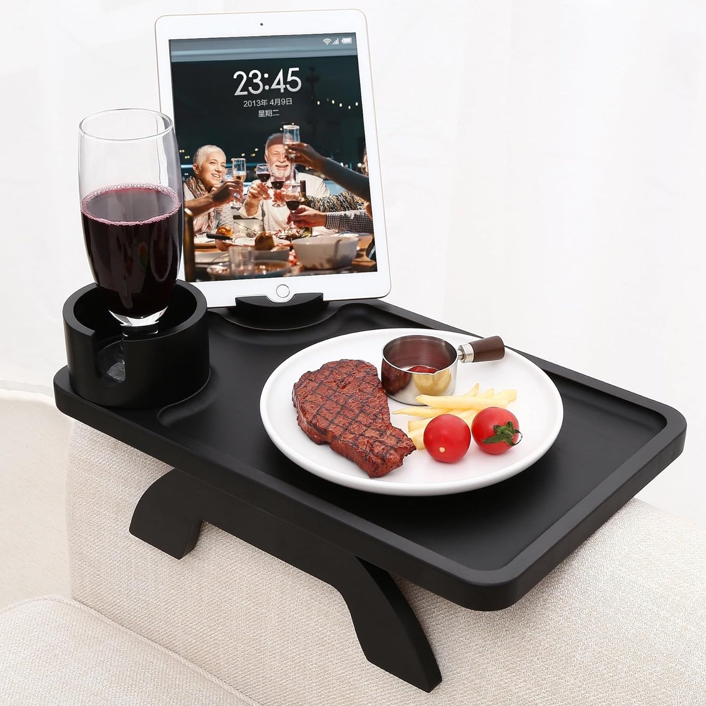 Nnewvante Couch Cup Holder Tray, 3 in 1 Large 15.36"x9.85" Acacia Wood Sofa Arm Clip on Tray Table with 360°Rotated Phone Holder on Armrest