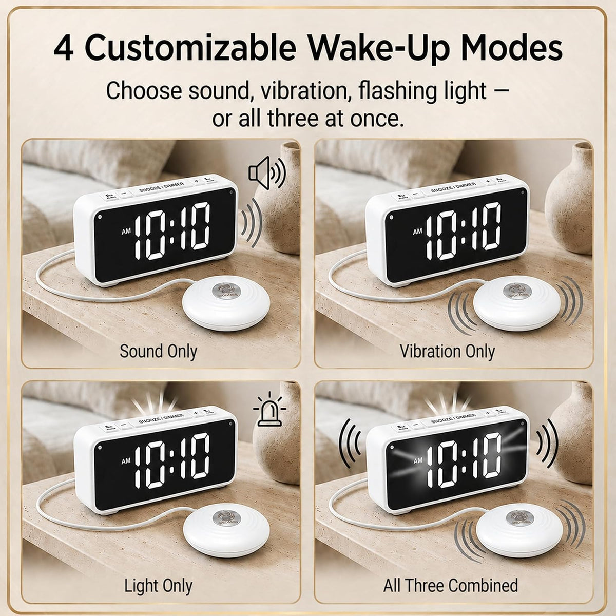 Vibrating Bed Shaker Alarm Clock for Deaf & Hard of Hearing, Black