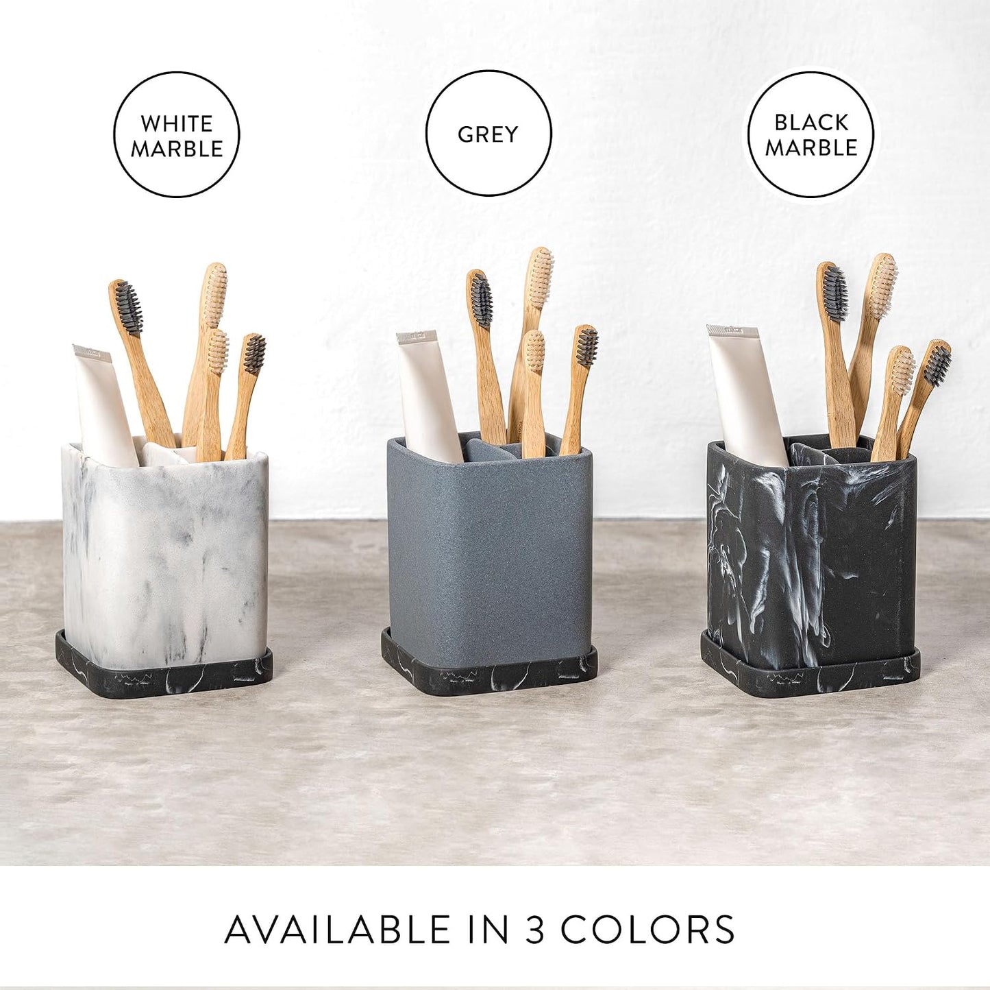 Marble Look Toothbrush Holder for Bathroom Countertop Organizer, Holds Toothpaste, Dental Floss, Razor, Comb, Makeup Brushes, and More, Stylish Bathroom Accessory for Tooth Brushing Essentials