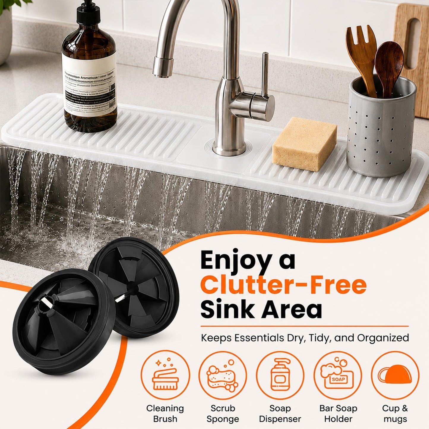 24 Inch Silicone Faucet Mat for Kitchen Sink Splash Guard, W/Sink Baffle | BPA-free silicone, Heat-resistant, non-slip, and built to withstand daily kitchen use, dishwasher safe and simple to rinse