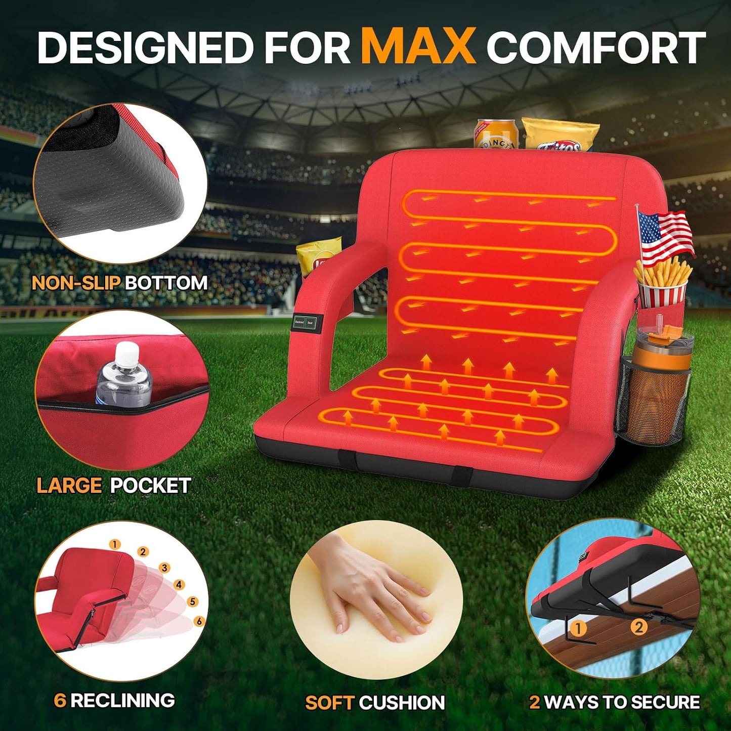 HOPERAN 25in Heated Stadium Seats for Bleachers, Dual Control, 2 PCS, Black | Independent Seat & Back 3 Level Heat (NO Battery), Soft Cushion, 6 Recliner, Anti-Slip, Side Pockets, Backpack Straps