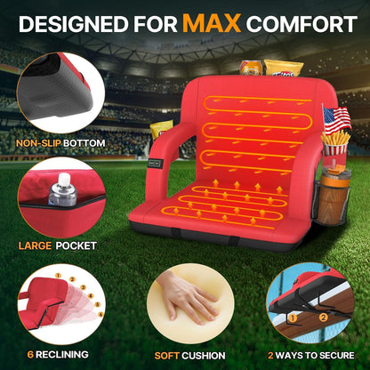 HOPERAN 25in Heated Stadium Seats for Bleachers, Dual Control, 2 PCS, Black | Independent Seat & Back 3 Level Heat (NO Battery), Soft Cushion, 6 Recliner, Anti-Slip, Side Pockets, Backpack Straps