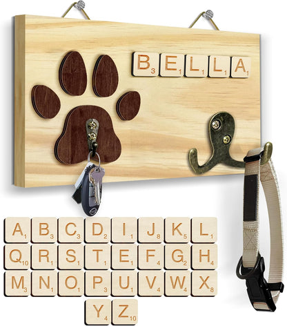 Dog Leash Holder Wall Mount, Pet Harness Hanger with Scrabble Letters, Dog Collar Organizer for Entryway, Memorial Cat Leash Holder for Wall, Pet Loss Gifts, Keepsake, Home Decor PF212-NAT