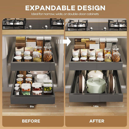 Seinloes 2Pack Pull out Cabinet Organizer 21"Deep with 4 Adjustable Dividers,Expandable（12.1"-20.4"W） Pots and Pans Organizer Under Cabinet with Raising Pad for Framed Cabinets,Slide out Drawers,White