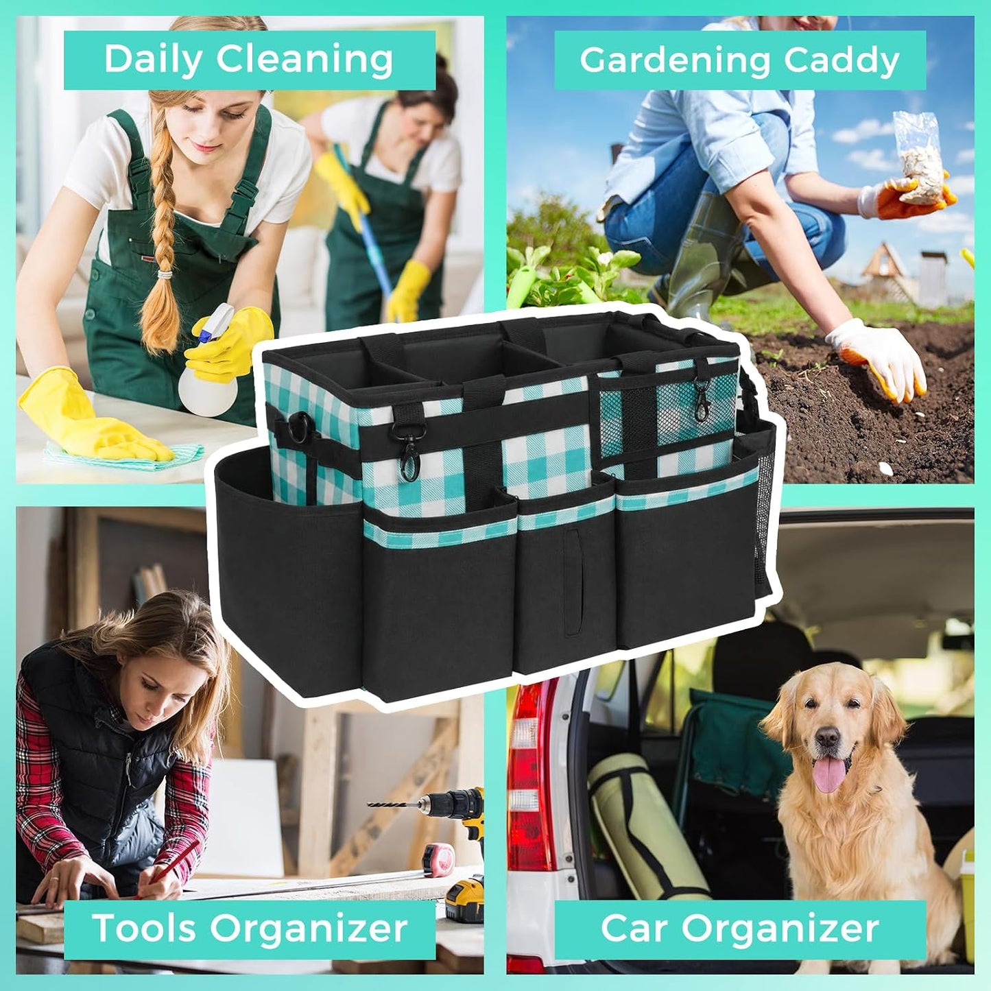 SCAVATA Wearable Cleaning Caddy, Cleaning Caddy Supplies Organizer with Handle & Shoulder Straps for Housekeepers, Under Sink & Car Cleaning Tool Organizers Bag with 4 Foldable Divider (NavyBlue)