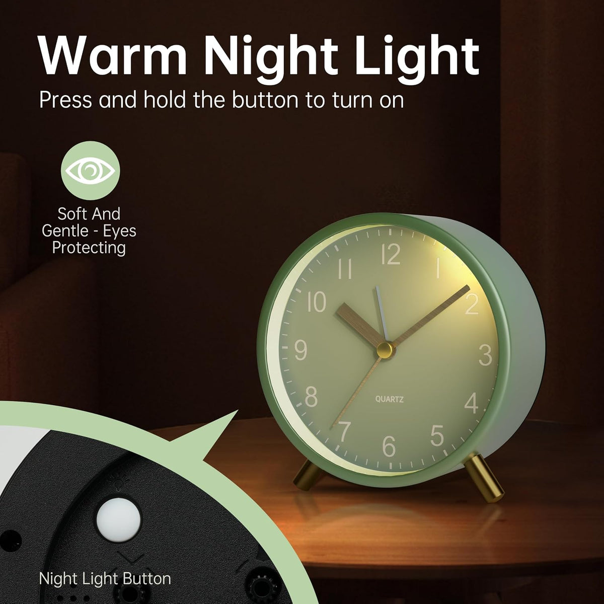 JALL Analog Alarm Clock, 4 inch Super Silent Non Ticking Small Clock with Night Light, Battery Operated, Simple Design, Old Fashioned Style Ideal Decor, for Bedroom, Bedside, Desk, Adult, Gift, Green