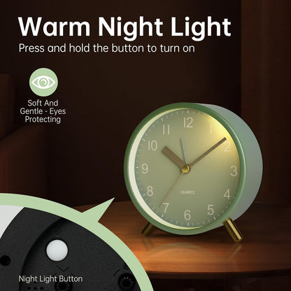 JALL Analog Alarm Clock, 4 inch Super Silent Non Ticking Small Clock with Night Light, Battery Operated, Simple Design, Easy Setting for Office, Bedroom, Bedside, Desk, Teens, Elders, Adult, Green