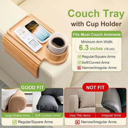 Couch Cup Holder - 3 in 1 Sofa Arm Tray with 360° Rotating Cup Holder & Phone Stand,Arm Chair Rest Table Fits Various of Large Width Couches Armrest,Anti-Slip Foldable Couch Tray for Drinks