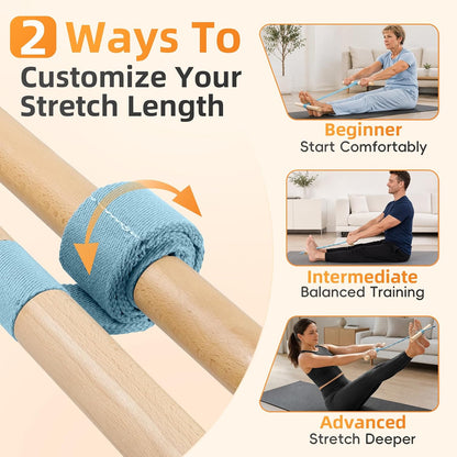 Adjustable Hamstring and Calf Stretching Tool with Beechwood Bar | Includes non-slip yoga socks and a stretch strap for yoga, Pilates, home and office mobility routines.