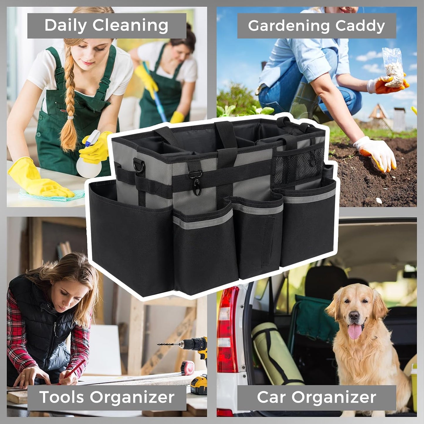 SCAVATA Wearable Cleaning Caddy, Cleaning Caddy Supplies Organizer with Handle & Shoulder Straps for Housekeepers, Under Sink & Car Cleaning Tool Organizers Bag with 4 Foldable Divider (NavyBlue)