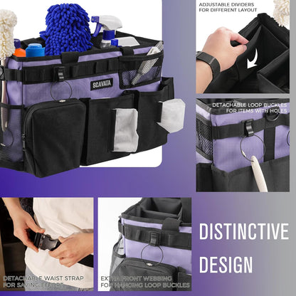 SCAVATA Wearable Cleaning Caddy Bag, Cleaning Caddy Supplies Organizer with Handle & Shoulder Straps for Housekeepers, Under Sink & Car Cleaning Tool Organizers with 4 Foldable Divider (Lake Blue)