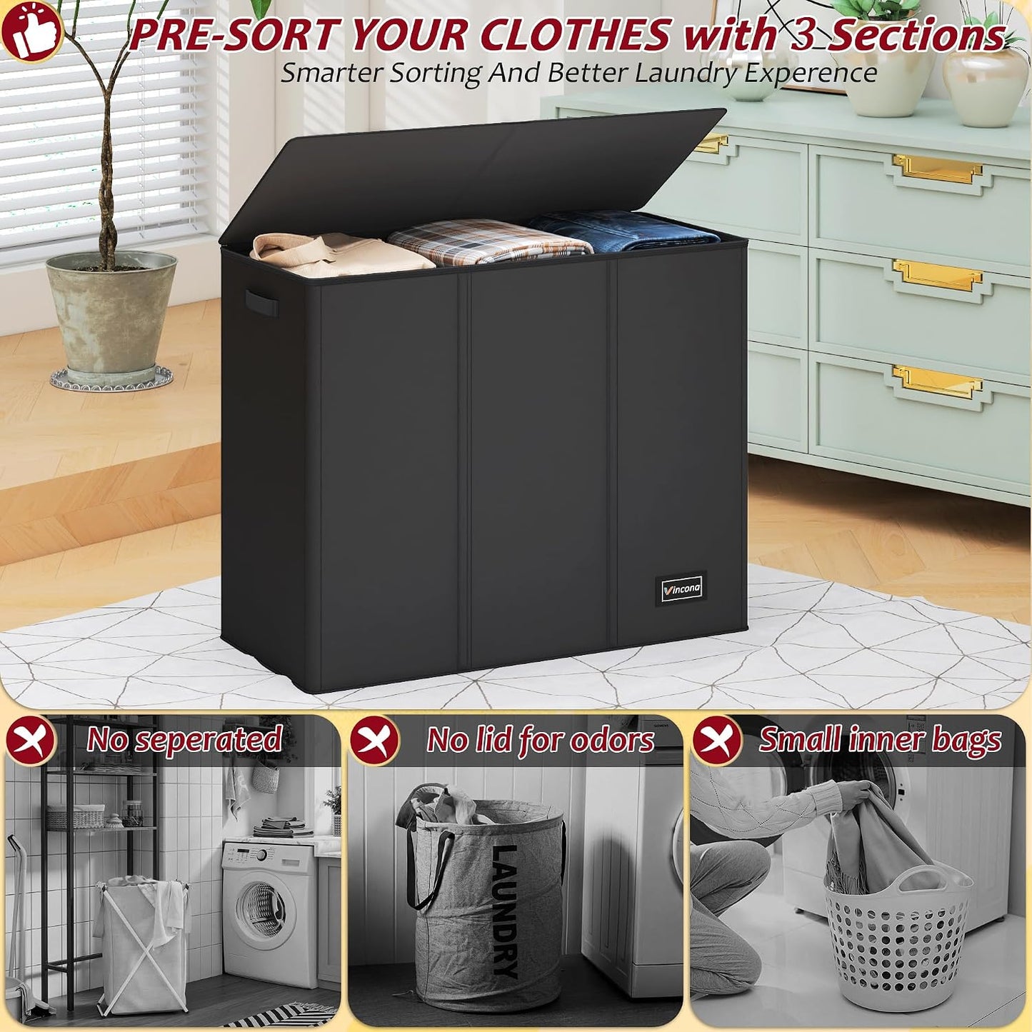195L Laundry Hamper 3 Section,Large Laundry Hamper with Lid,Dirty Clothes Hamper with 3 Inner Bags,Collapsible Laundry Basket Organizer for Laundry Room,Bedroom,Laundry Sorter Hamper 3 Compartment