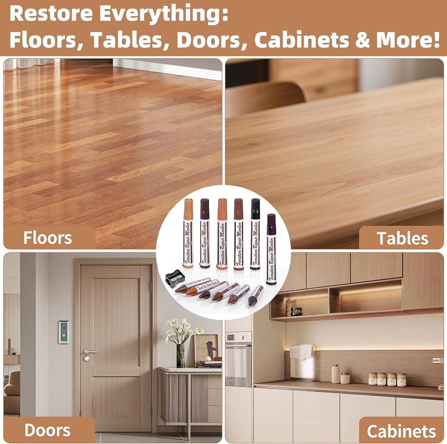 Wooden Furniture Floor Scratch Repair Markers, Wood Touch Up Markers with Sharpener, Furniture Touch Up Pens for Wood Floors, Tables, Cabinets, Doors, Quick