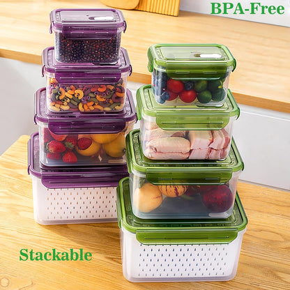 Fruit Storage Containers for Fridge with Removable Colander, Food Storage Containers with Lids, Dishwasher & Microwave Safe, Keep Berry Fruit Vegetable Meat Fresh Longer (Clear Body/Clear Lid)