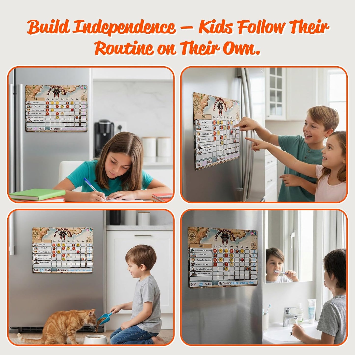 Mimi Doodle Magnetic Chore Chart for Kids – 16x12 Dry Erase Daily Responsibility Board for Fridge with 39 Chore tabs, 100 Reward Stickers – Behavior Chart for Kids at Home – Simple Theme