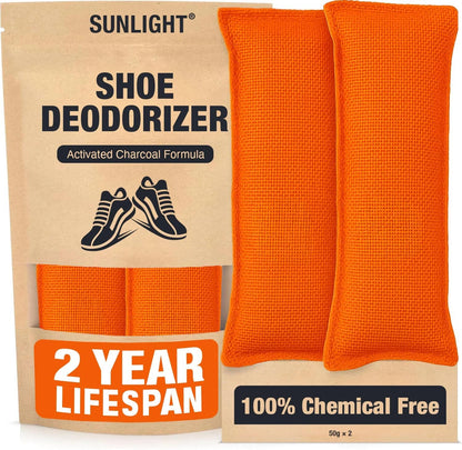 Sunlight® Shoe Deodorizer, Activated Charcoal Odor Absorber Bags, Chemical Free Odor Eaters for Shoes, Shoe Smell Remover Inserts, (50g, 2 Bags)