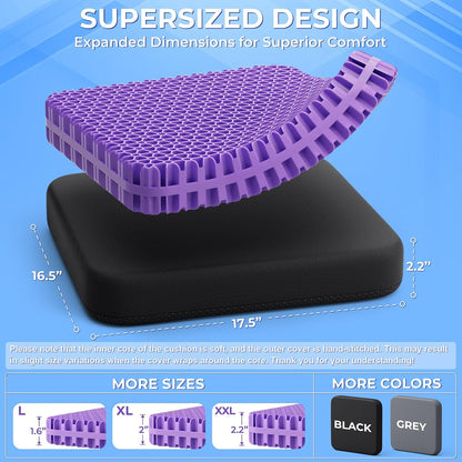 TushGuard Gel Seat Cushion for Long Sitting, Breathable Thick Patent Design | Enlarged Cooling Chair Pad for Office, Wheelchair, Soft Car Cushion for Back, Hip, Sciatica (Standard, Black+Violet)