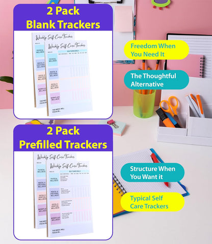 4 Pack Self Care Weekly Tracker Notepads (2 Blank + 2 Guided), 6 ''x 9'' | Planner Pads, 52 Pages Each, Undated Self Care Pads for Physical, Mental and Emotional, Social and Spiritual, Workplace