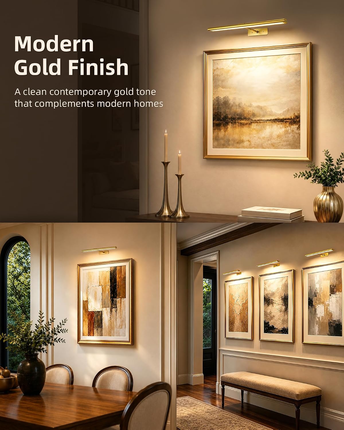 EZVALO Picture Light for Wall, 4800mAh Rechargeable Wireless Gold Light with IR Remote, Dimmable Magnetic LED Art Display Light with 3 Color Temperatures, for Gallery, Living Room, Bedroom(2Pack)