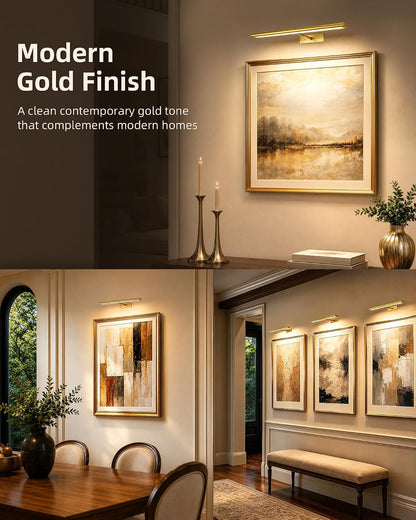 EZVALO Picture Light for Wall, 4800mAh Rechargeable Wireless Gold Light with IR Remote, Dimmable Magnetic LED Art Display Light with 3 Color Temperatures, for Gallery, Living Room, Bedroom(2Pack)