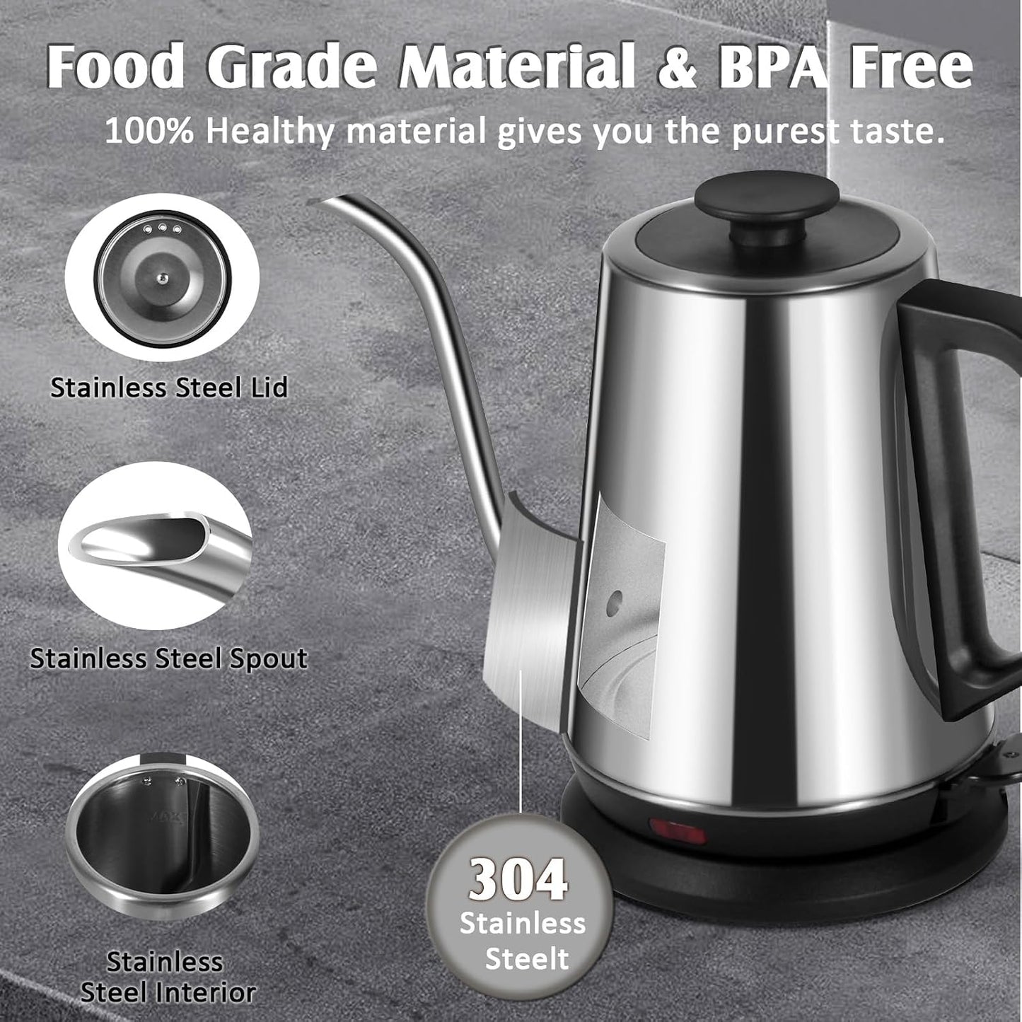Gooseneck Electric Kettle,Ulcreigo Electric Kettle Temperature Control Tea Kettles for Boiling Water with 5 Variable Presets,Hot Water Boiler Heater for Coffee,304 Stainless Steel Black Color