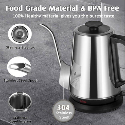 Gooseneck Electric Kettle,Ulcreigo Electric Kettle Temperature Control Tea Kettles for Boiling Water with 5 Variable Presets,Hot Water Boiler Heater for Coffee,304 Stainless Steel Black Color