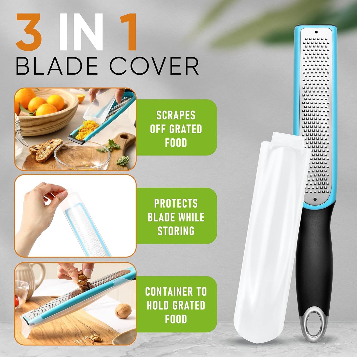 Spring Chef Stainless Steel Lemon Zester - Garlic & Ginger Grater - Gray | Premium Zester with Blade Cover, Cheese Grater with Handle for Parmesan, Nutmeg, Lime - Durable Citrus Zester, Fine Shred
