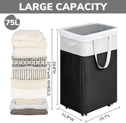 Goodpick 75L Laundry Basket with Wheels & Removable Wash Bag for Dorm | Rolling Laundry Basket with Handles for Dirty Clothes, Fodable Hamper for Laundry Room, Dorm Room Essentials, Grey