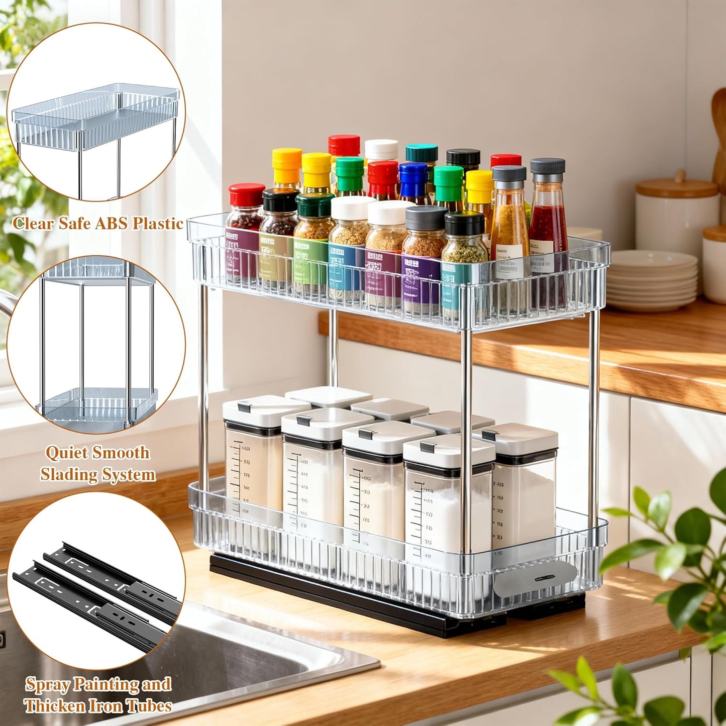 Pull Out Spice Rack Organizer for Cabinet, 3 Packs Slide Out Spice Racks Organizer, Spice Cabinet Organizers, Cabinet Size Need:12'' Highx11'' Deepx5'' Wide,Each Tier Hold 10 Spice Jar - 2 Tier, Black